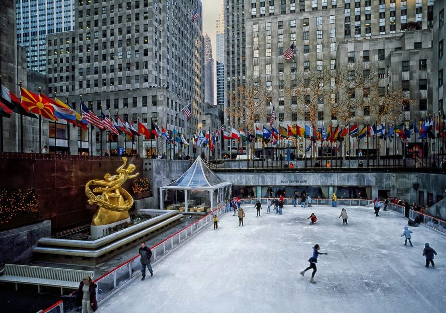 Famous statue and skating rink in front of the building